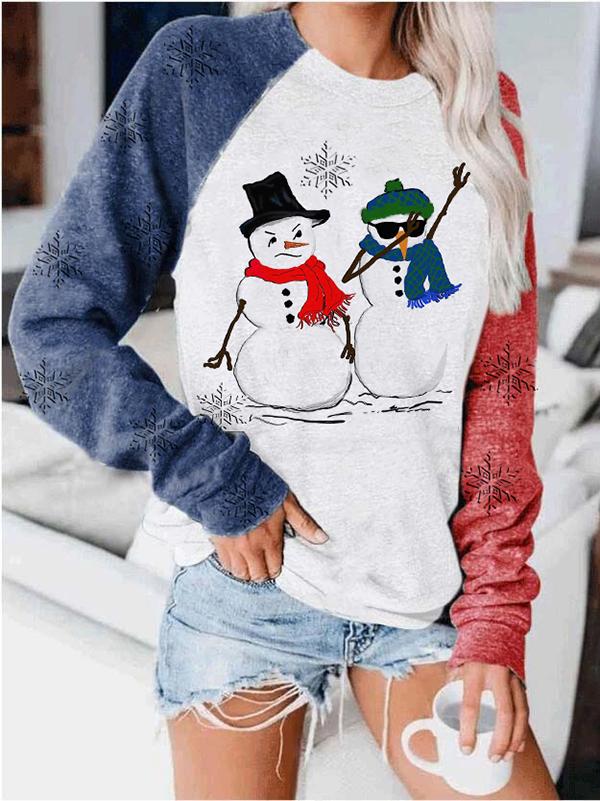 Women's Casual Snowman Snowflake Printed Color Block Sweatshirt