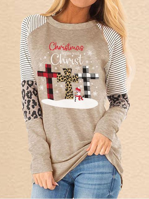 Women's Faith Christmas Printed Christmas Begins With Christ Leopard Stitching Casual Sweatshirt