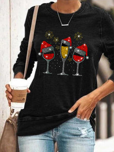 Christmas Hat And Wine Glass Print Sweatshirt