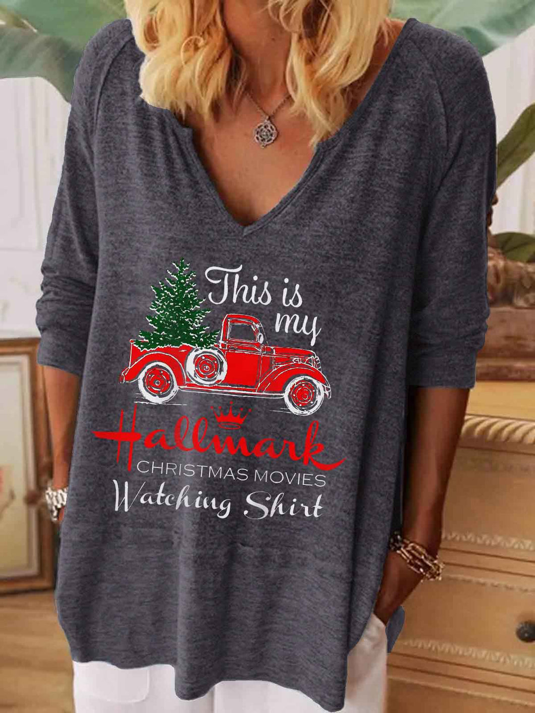 Women's This Is My Hallmark Christmas Movies Watching Shirt Printed V-Neck Top