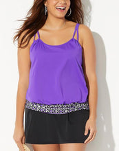 Load image into Gallery viewer, Purple Loop Strap Blouson Tankini Set With Skirt
