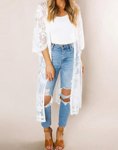 FULLFITALL- white print mid-length transparent blouse sunscreen clothing