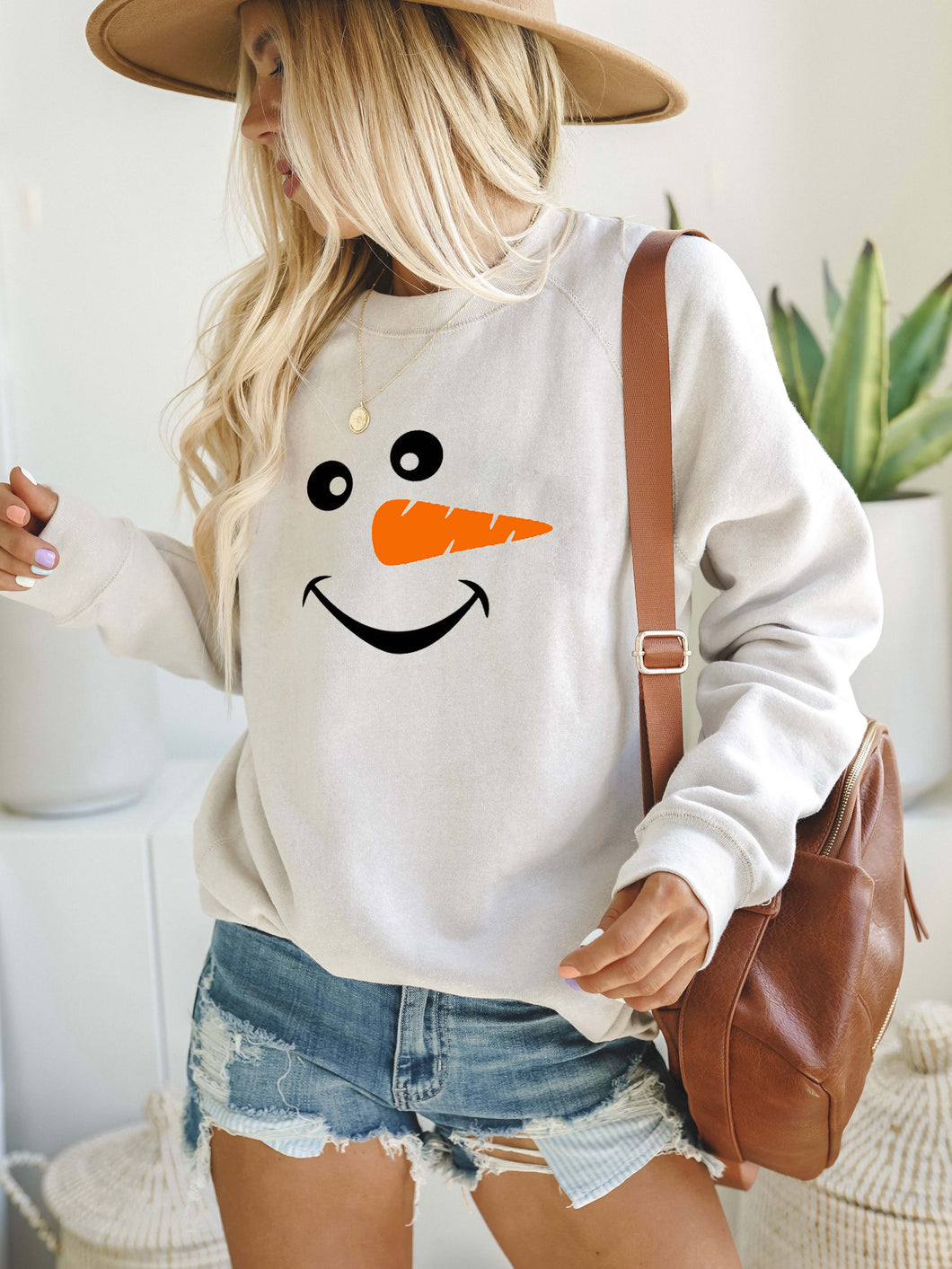 Christmas Snowman Face Long Sleeve Cozy Sweatshirt