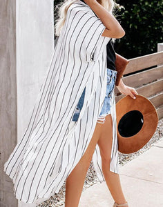 FULLFITALL- White Striped Loose Cardigan Cover Up
