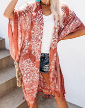 Load image into Gallery viewer, FULLFITALL- Brown Printed Fringe Blouse Cardigan Cover Up
