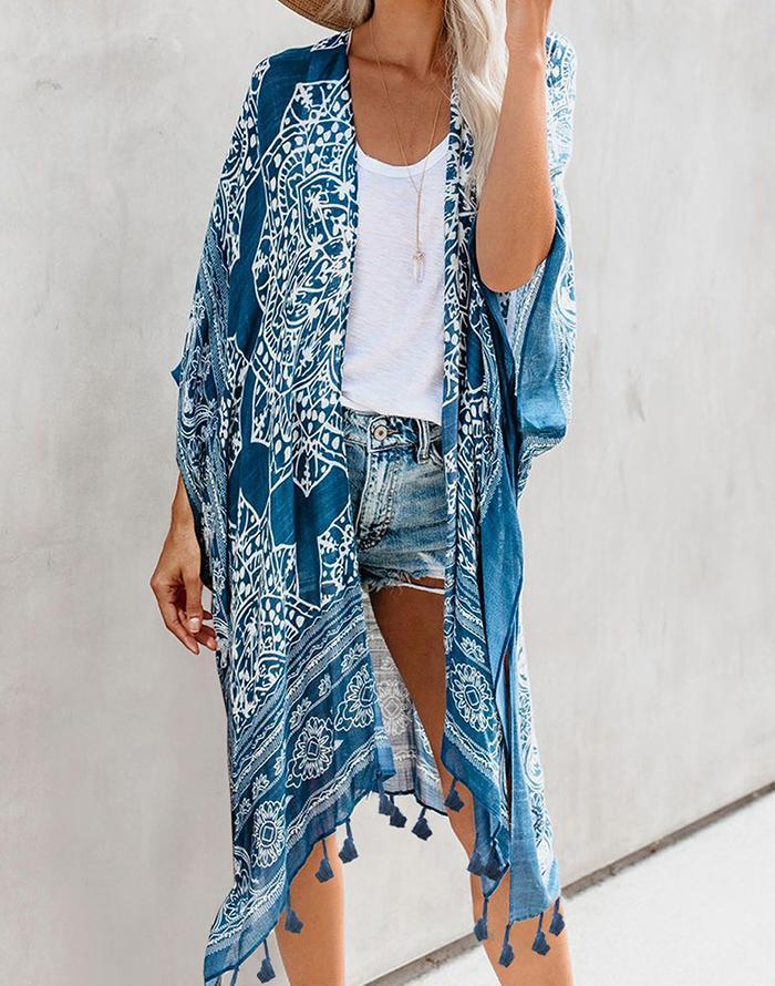 FULLFITALL- Blue Printed Striped Blouse Cardigan Cover Up